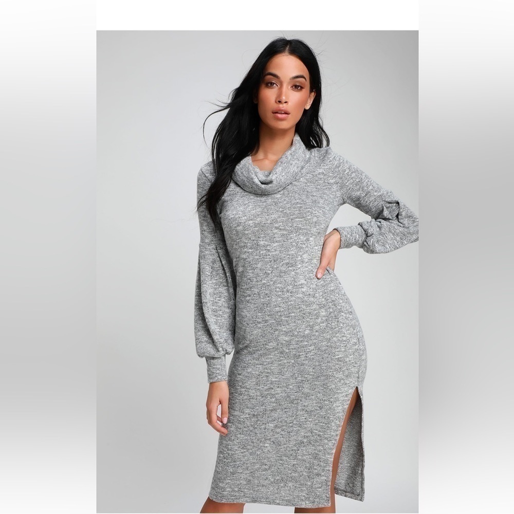 Lulus Mattea Heathered Grey Cowl Neck Midi Sweater Dress women's XS